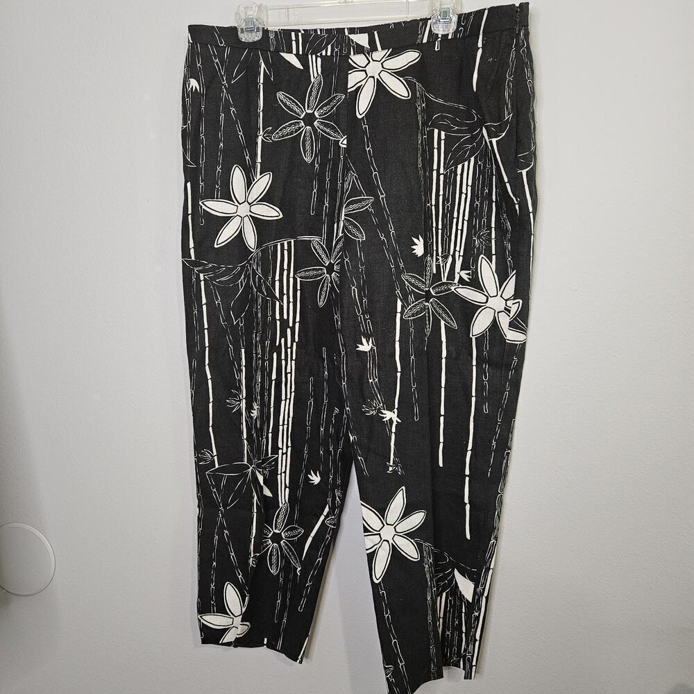 Uniform by John Paul Richards Black White Bamboo Print 100% Linen Pants Size 16